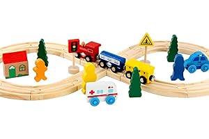 BYNYXI Voies de train en bois, 33PCS Train Rails de train en bois Set Station de transport Chemin de fer avec petits accessoires de train Jouets éducatifs pour enfants Garçons Filles à partir de 3 ans
