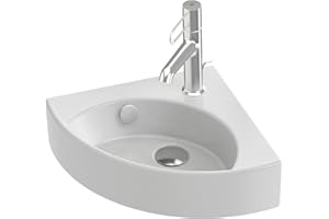 JACOB DELAFON Lavamanos pequeño en esquina para baño Lavabo compacto de cerámica blanca, fácil limpieza y mantenimiento 1 orificio para grifería 34x34 cm Odéon Rive Gauche EGP112-00