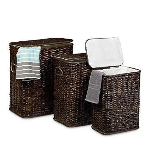 Relaxdays Wäschekorb 3er Set geflochten Rattan eckig HBT 54,5 x 45,5 x 33,5 cm stapelbare Wäschetruhe mit herausnehmbarem Wäschesack waschbar Wäschebox ca. 69 L Wäschesammler atmungsaktiv, schokobraun