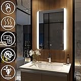 ⭐ OPTIMALER SPIEGEL: Maße: (HxBxT) 80x60x4,5cm; Lichtfarbe: Kaltweiß (6400K), weiches Licht für Schutz der menschlichen Augen; Leistung: 65W; Der empfindliche Berührungstaste (Touch Schalter) ermöglicht Ihnen das Einschalten der Beleuchtung indem Sie die Glasfläche in einem entsprechenden Moment anfassen. Eine moderne Heizmatte garantiert klare Spiegelung ohne Streifen und den Effekt der gedämpften Spiegelfläche.