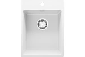 PRIMAGRAN Fregadero Cocina Blanco 38x50cm, Granito 1 Seno + Sifón, Sobre encimera al mueble 40cm - Riga S002