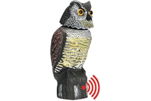 SHARHARGE Owl Decoys to Scare Birds Away with Rotating Head,Natural Enemy Bird Deterrent Realistic Eyes & Waterproof Shape Fake Owl Scarecrow Bird Control (F（With Scarer Sound）)