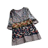 iHENGH Damen Bequem Mantel Lässig Mode Jacke Frauen Frauen mit Langen Ärmeln Vintage Floral Print Patchwork Bluse Spitze Splicing Tops(Marine-a, L)