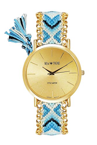 Damenuhr Geflochten Armband Armbanduhr Bloggeruhr Trenduhr Edelstahl Uhr Designer Farbe: Blau / Bleu / Gold Style: Hippie Boho Festival Beach Blogger Boho Anker Streifen Weltkarte Feder Mustache