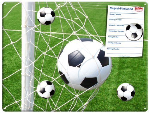 Fußball - Vortreffliche Design Metall Magnettafel 40x30 cm - Pinnwand Memoboard mit Motiv: Fußballtor - inkl. 4 Magnete mit Motiv von einem Fußball für Magnetwand - Original Magnetpinnwand GUMA Magneticum