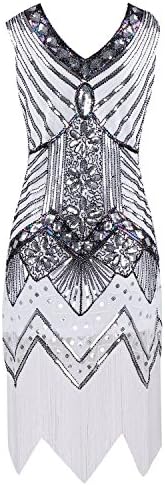 Engood Women Vintage 1920s V-neck Beaded Sequined Embellished Fringed Flapper Party Cocktail Dress White S