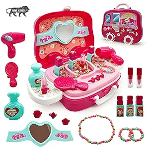 mQFIT Pretend Play Make Up Case and Cosmetic Set, Durable Beauty Kit Hair Salon with 21 Pcs Makeup Accessories for Children Girls (Hair Salon)-Pink