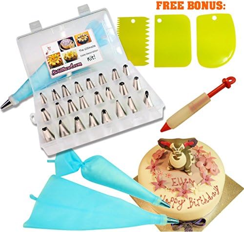 Premium Cake Decorating Tip Kit for Icing by Sweetbowl – 24-Piece Piping Nozzles Set with 2 Reusable Piping Bags & 2 Couplers – Bonus Pastry Garnier Pen & 3 Plastic Scrapers Set Included