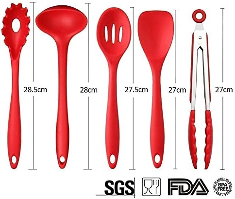 Silicone Kitchen Utensils Red, 10 PCS Kitchen Baking Cooking Tools Cookware Gadgets with Turner,Large Spatula,Small Spatula,Basting Brush,Whisk,Pasta Fork, Spoonula, Tong, Slotted Spoon,Ladle- An Excellent Gift