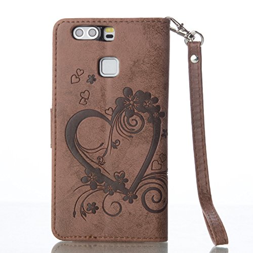 P9 Hülle,Huawei P9 Hülle,Huawei P9 Case,Cozy Hut Huawei P9 Hülle Muster,Handy Case Cover Tasche for Huawei P9, Bunte Retro Blumen Herz der Liebe Muster Druck Buch-Stil Bookstyle Flip Magnetverschluss Brieftasche Geldbörse Wallet Kreditkarte ID Card Slots PU Leder Beschützer Haut Schutzfolie Schutzhüllen Case Tasche Hülle Etui Schale Ständer Hülle Case mit Weich TPU Innere Hülle Case für Huawei P9 – braun - 2