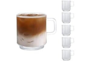 D.M DESIGN·MASTER [6 Pack, 350ML - Glass Coffee Mugs with Handle, Classic Vertical Stripes Tea Cup,Transparent Tea Glasses for Hot/Cold Beverages.