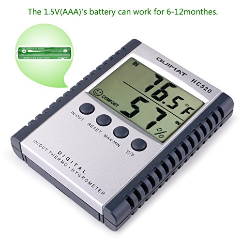 Hygrometer Thermometer, Quimat Feuchtigkeits-Meter Feuchtigkeit Monitor Innen / Außen Temperatur Messgerät Thermostat Sensor Sonde Reinigung Tuch Batterie inklusive (Grau) - 4