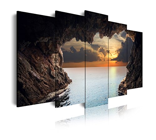Dekoarte 147 - Cuadro moderno en lienzo de 5 piezas, naturaleza puesta de sol desde cueva en el mar, 150x80cm