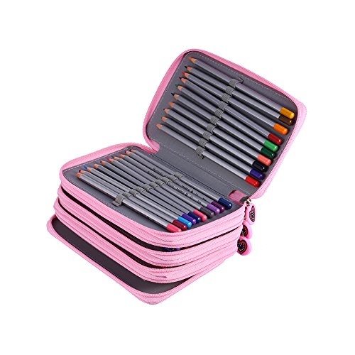 Yosoo Oxford Mehrschicht Stiftemappe für 72 Buntstifte make-up Pinsel Tasche Pencil Organizer Pen Tasche stationäre Stiftetasche mit großer Kapazität (Rosa) - 4