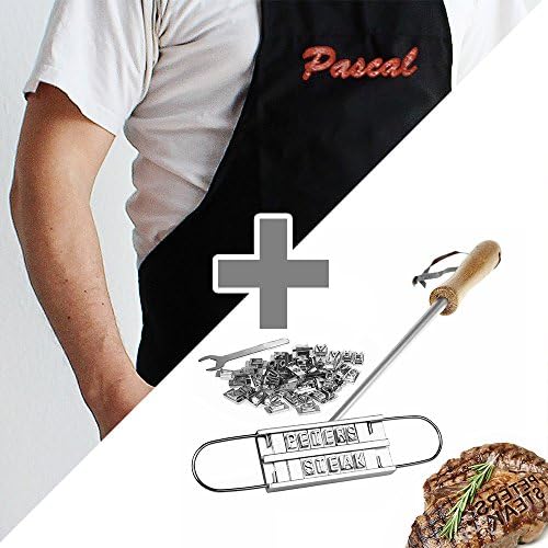 BBQ Gift Set - Black Apron with Embroidered Name and BBQ Branding Iron with Replaceable Letters - Personalised - Novelty Barbeque Kit - Men’s Gifts