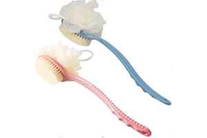 DAWWOTI 2 Pack Shower Body Brushes with Bristles and Loofah, Back Scrubbers Bath Mesh Sponge with Curved Long Handle for Exfoliating Skin, Massage Bristles Suitable for Wet or Dry, Men and Women (Blue & Pink)