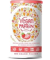 Vegan Protein | ERDBEER | Pflanzliches Proteinpulver aus gesprossten Reis, Hanfsamen, Erbsen, Chia-Samen, Leinsamen, Amaranth, Sonnenblumen- und Kürbiskernen | Mit Verdauungsenzymen | 600 Gramm Pulver