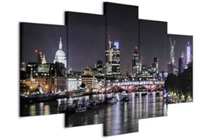 B&D XXL - Quadro Londra 150x75 cm 5 Pezzi Stampa su tela in TNT XXL Immagini Moderni Murale Fotografia Grafica Decorazione da parete Quadri Componibili Citta Panorama Notte England d-B-0335-b-m