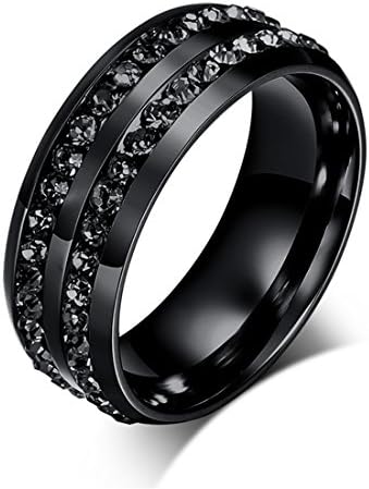 Supshark Jewellery Women 8mm Men Black Diamond Titanium Steel Ring Double Rows Rhinestone Ring Marriage Engagement Dress Rings( With gift bag) (Y)