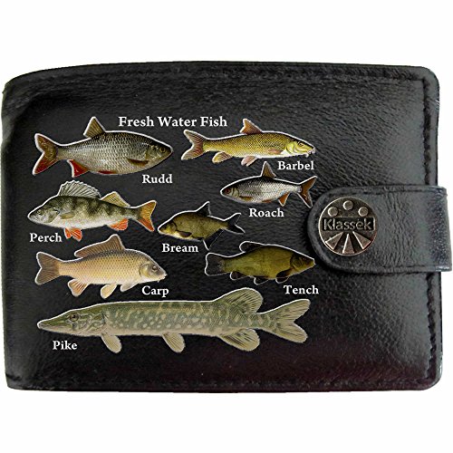 Preisvergleich Produktbild Freshwater Fish Süßwasserfische Klassek Herren Geldbörse Portemonnaie Brieftasche Angeln Fischer Angler aus echtem Leder schwarz Geschenk Präsent mit Metall Box