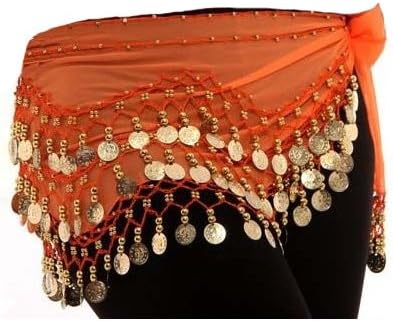 Chiffon 3 Row Belly Dance Hip Scarf Coin Belt with 128 coins, ORANGE, One size