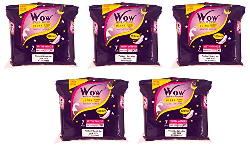 WOW Ultra Jumbo Nighter 320MM XXL Extra Soft Comfort Day Night XXL Sanitary Pads/Napkins for Women Ultra thin Dry Coverage Organic and rash Free Disposable Pads- Ultra Premium Ultra Soft, Pack of 5 (35 Pads)