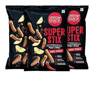 Green Snack Co. Super Stix Tangy Pickle | 100% Roasted Gluten Free Healthy Snacks | Diabetic Friendly Snacks | High Protein Multigrain Puff Snack | House Party Snack (100g x 3 Packs)