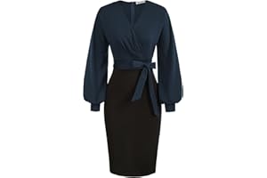 GRACE KARIN Femme Travail Robe de Cocktail Col en V Manches Longues Crayon avec Ceinture élégante