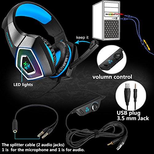Gaming Headset fÃ¼r PS4, 3.5mm Surround Sound Kabelgebundenes Headset mit Mikrofon, Buntes LED-Licht, KopfhÃ¶rer fÃ¼r Laptop, Mac, Xbox One, Tablet, PC, Smartphone (Blau)