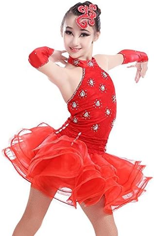 YI WORLD woman dance Clothing girl Latin Dance dress Short sleeves cotton tassel black red green , red , 130cm