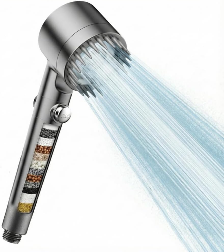 Alcachofa de ducha filtrada con mango, cabezal de ducha de alta presión con 4 tipos de rociado con filtros y boquillas antiobstrucciones mejoradas para agua dura - Elimina el cloro, reduce la piel