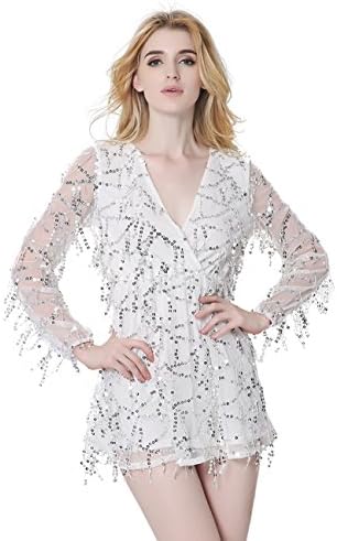 VITINAS Womens Sexy Gauze Tassels Sequin Long Sleeve Club Summer Party Romper Short Jumpsuit Dress