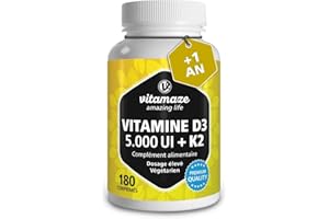 VITAMAZE - AMAZING LIFE Vitamine D3 K2 Haute Dose, Vitamine D3 5000 UI + Vitamine K2 (MK7) 100µg - Pour les Os, les Muscles, le Système Immunitaire - Naturelle Sans Additifs et Haute Biodisponibilité - Qualité Allemande