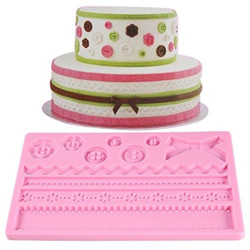 DecoCraft – 8 Stück verschiedene Kuchensilikon Kuchendekorationsdesigns und Ränder Glasurformen für Kuchen/ Cookies und Cupcakes – Rosen/ Herzen/ Blätter/ Perlen/ Ränder/ gemischte Blumen/ Schleifen/ Knöpfe + KOSTENLOSE Broschüre mit Hinweisen und Tipps - 6