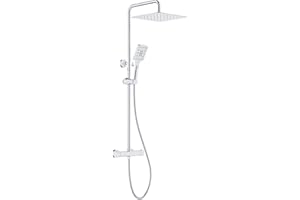 Rainsworth Colonne de Douche Thermostatique, Acier inoxydable tête de douche 30 * 30cm, pommeau de douche de 3 Jets, Douche à Pluie Réglable en Hauteur, Douche Set avec Mitigeur, Chromé