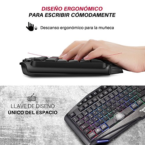 TOPELEK Teclado Gaming de Membrana con Cable  7 Color Retroiluminado y Teclas Desmontables  Anti-Ghosting y 14 Teclas Multimedia con bot  n Win y Bot  n Giratorio para Juegos  Trabajo Espa  ol 
