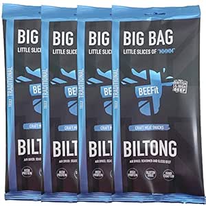 BEEFit Snacks 1kg (4x250g) Traditionelle Biltong, Hohes Protein, Gesund, Wenig Zucker, Nicht Beef Jerky
