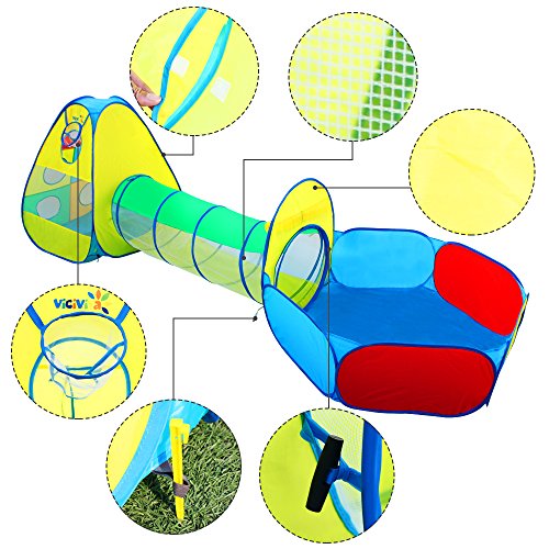 Kids Play Tent with Tunnel and Ball Pool 3 in 1 - VICIVIYA Pop-up Children's Play House with Zipper Storage Bag for Children Baby Dog Indoor and Outdoors Playground (Multi-Color)