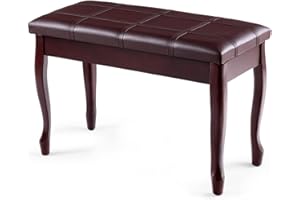 RELAX4LIFE Banquette Tabouret Piano en Bois 2 Places, Banquette avec Compartiment pour Livre Musical et Coussin en Cuir PU, Tabouret de Coiffeuse avec 4 Jambes en Bois, Noir/Brun (Style 1, Brun)