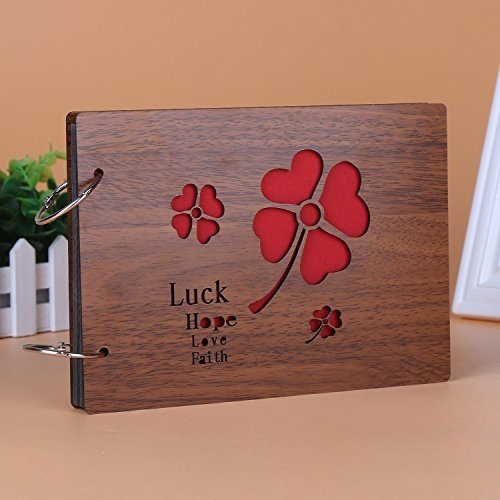 Veewon Vintage DIY Photo Album Wood Full Love Anniversary Scrapbook 8 * 6 inches with 2pcs Photo Corner Sticker, Great Gifts for Anniversary (I Love You)