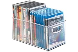 mDesign Pojemnik do przechowywania DVD - uchwyt na DVD z uchwytem - tworzywo sztuczne - pude?ko do przechowywania p?yt DVD, p?yt CD i gier wideo - 25 x 15,25 x 12,7 cm - przezroczysty