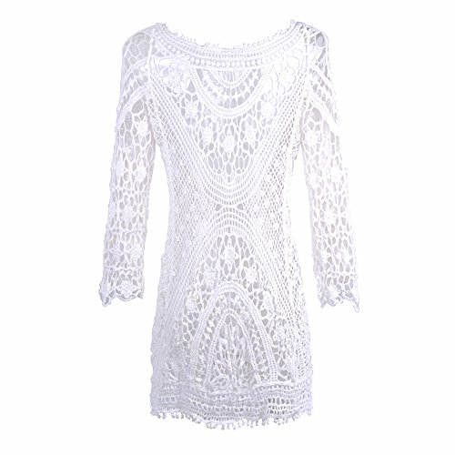 ASSKDAN Damen Boho Spitze Nackten Rücken Bikini Cover Up StrandKleid Sommerkleid One Size - 7
