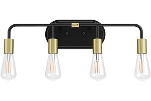 K-Bright Aplique Espejo Baño Vintage con 4 Luces, Lámpara de Espejo Baño de Hierro Oro negro, Aplique Pared, Luz de Espejo de Baño, Largo: 59.5cm/23.4 Pulgadas, Casquillo E27(Bombilla no Incluida)