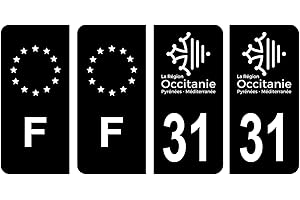 HADEXIA Lot 4 Autocollants Plaque immatriculation département 31 Haute-Garonne Région Occitanie Noir & F France Europe