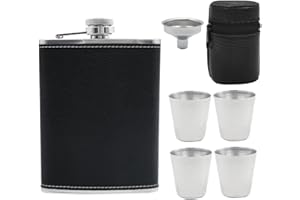 YAZHED Edelstahl Flachmann set 8 Oz 227 ml 4*Becher 1*Trichter 1*Becherhalter aus Leder Geeignet für Den Transport Von Alkohol Hält Whisky Rum Wodka Schwarz Auslaufsicher Gürtelflaschen