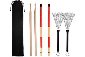 Alnicov 1 paire de baguettes de batterie en bois 5 A,1 paire de baguettes de batterie et 1 paire de brosses rétractables avec sac de rangement,cadeau idéal pour les amateurs de musique