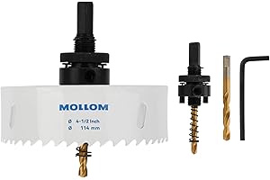 Mollom (114mm | 4-1/2") HSS M42 with 8% cobalt BI-Metal Hole Saw with 2 Pilot Drill Bits & Arbor Smooth Cutting for PVC,Drywall,Wood,Plastic,Gypsum Board,Rubber