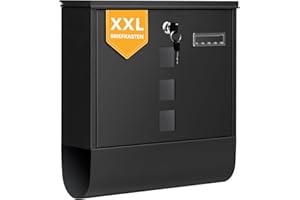 ‎WOLTU WOLTU Briefkasten mit Zeitungsfach Sichtfenstern, Postkasten mit Namensschild personalisiert, Wandbriefkasten abschließbar, inkl. 2 Schlüssel, modern, Schwarz, 37x37x11 cm
