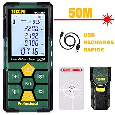 TECCPO Télémètre laser 50m TECCPO, USB 30mins Charge rapide, Capteur d'angle électronique, 99 stockage, 2.25'' LCD rétro-éclairé mute fonction, mesure Distance, Surface et Volume, IP54, trépied, TDLM26P