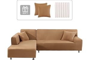 Lydevo Housse de Canapé d'angle Extensible 2 Pièces Housse de Canapé vec Accoudoirs Convertible avec Deux Taies d'oreiller Couverture de Canapé d'angle Forme de L Revêtement Canapé,Chameau